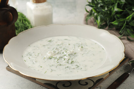 A bowl with traditional Azerbaijan soup dovga