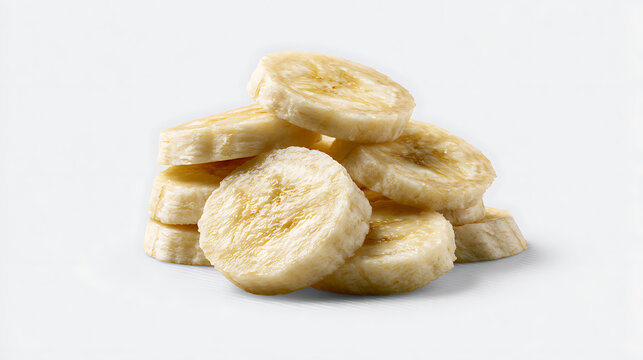 Sliced bananas arranged in a pile against a white background