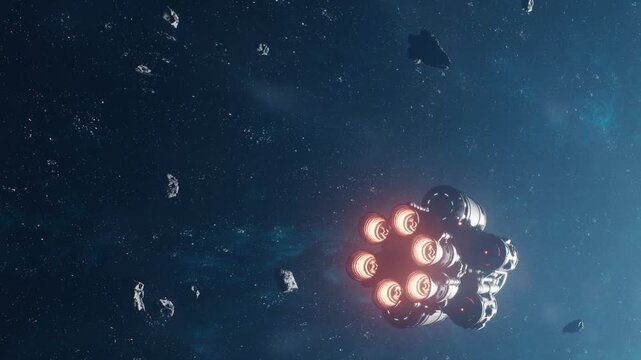 A spaceship is shown moving through an asteroid field in outer space. The spacecraft has bright engines that illuminate the surrounding asteroids.