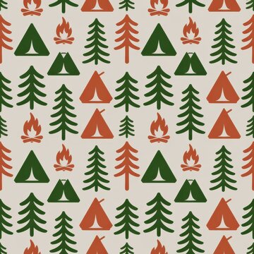 A colorful camping pattern featuring tents and trees on a beige background