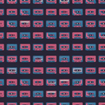 A colorful pattern of pink and blue cassette tapes on a dark background