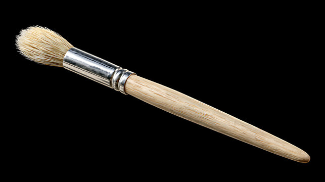 Artist paintbrush with natural bristles and wooden handle against black background