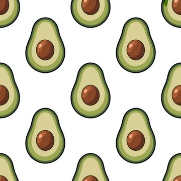 A seamless pattern of cartoon avocados on a white background