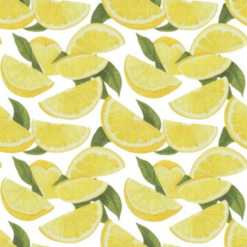 A vibrant pattern of lemon slices and green leaves on a white background