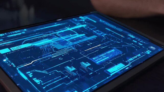 Futuristic Digital Tablet Displaying Circuitry Data - Technology Interface with Glowing Blue Network Visualization on Device Screen.