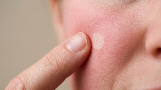 Dermatology Test of Blanching Erythema on Inflamed Red Cheek Skin Pressed by Finger