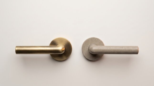 Two distinct door handles showcase their unique materials: one is polished brass, reflecting light, while the other is raw concrete, offering a modern touch. They align symmetrically.