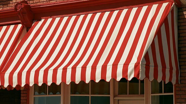 Red and white striped awning over a storefront window
