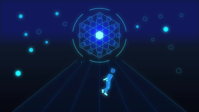 Looping 3d techno animation of pixelated robot running from rotating hexagon sphere, digital concept