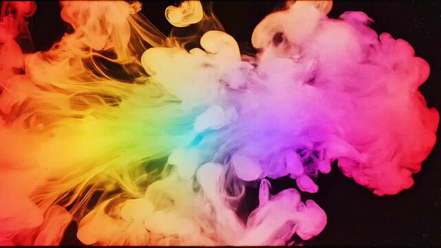Colorful ink smoke cloud dispersing and swirling in water on a dark background multi colored plumes drifting