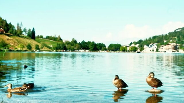 Group of ducks on the shore of Lake Serraia in Trentino, Northern Italy, during a sunny morning. Lake Serraia (Lach de la seraia in the Pinaitra dialect) is located on the Pin&eacute; plateau