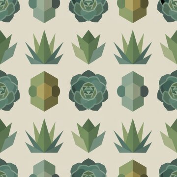 A seamless pattern of green succulents and geometric shapes on a beige background