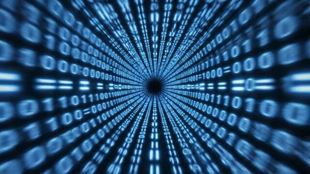 Futuristic Digital Binary Code Tunnel Moving Forward Inside Cyber Space