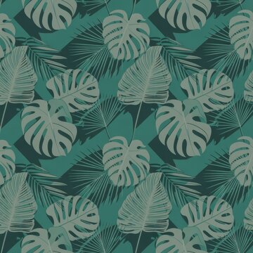 A vibrant green tropical leaf pattern with monstera and palm leaves