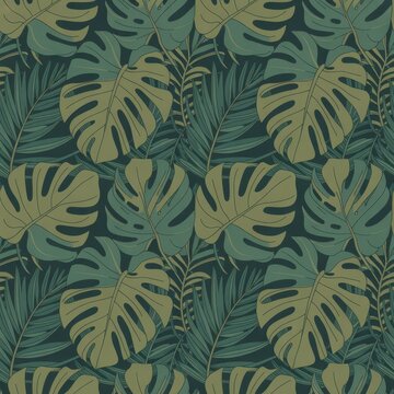 A seamless pattern of green tropical leaves on a dark background
