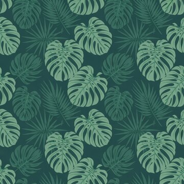 A seamless pattern of green tropical leaves on a dark background