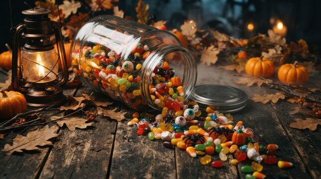 Glass jar spilling colorful Halloween candy on a rustic wooden table