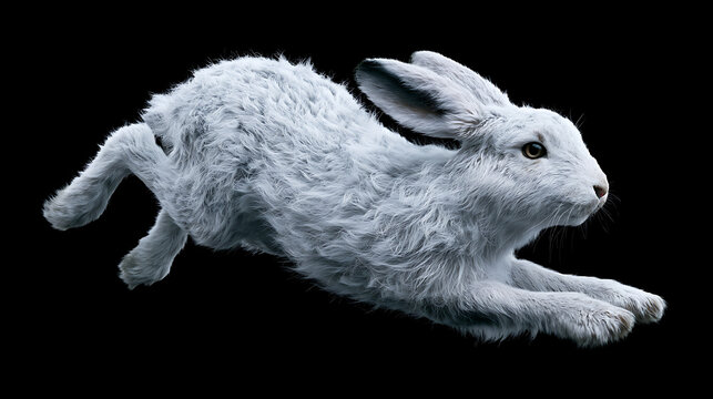 Arctic hare in mid leap is isolated on a black background