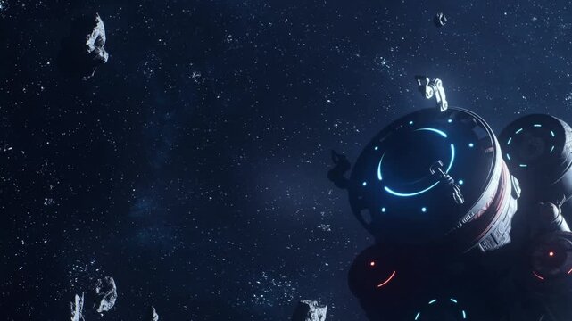 A spacecraft is positioned near a group of asteroids in outer space. An astronaut is seen conducting a spacewalk around the vessel during the exploration of this region.