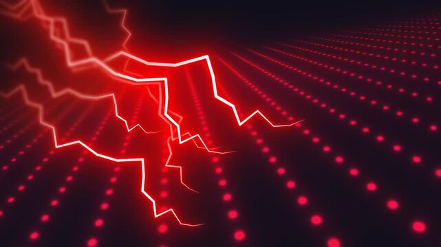 Abstract digital background with glowing red lightning bolts and a pattern of illuminated dots receding into the darkness