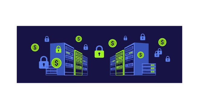 Secure server data center illustration featuring lock and dollar icons for fintech and cybersecurity concepts.