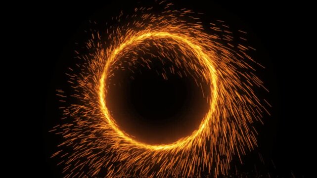 Abstract glowing circular portal made of golden sparks and light particles isolated on black background, magical fire ring effect