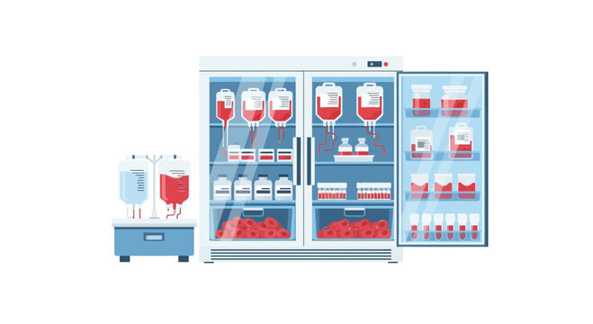 Medical Blood Bank Refrigerator with Blood Bags and Lab Vials Vector Illustration