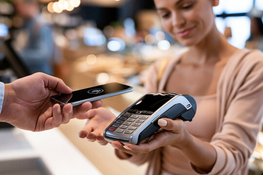 Woman smiles as she pays with smartphone. Hand holds card reader near device. Modern store setting with soft lighting. Transaction moment captured with clarity. Ideal for finance, retail