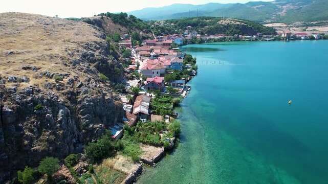 Historic Lin village peninsula oldest human settlement archaeological site on rocky shore of Ohrid lake