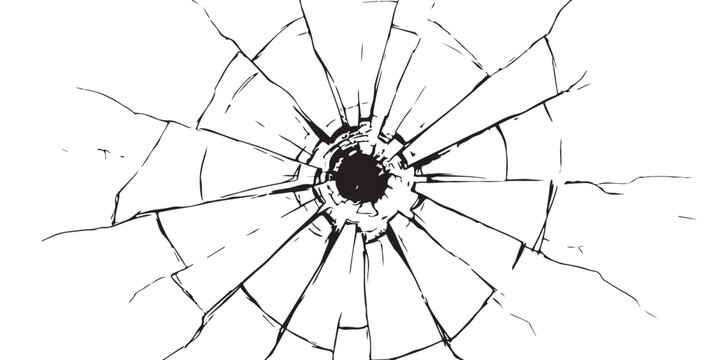 Black and white illustration of a shattered glass pane with a bullet hole impact in the center