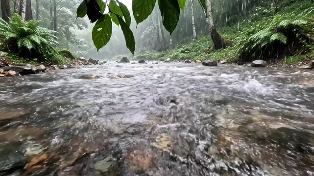 Flowing forest stream with lush green ferns and leaves tranquil nature background