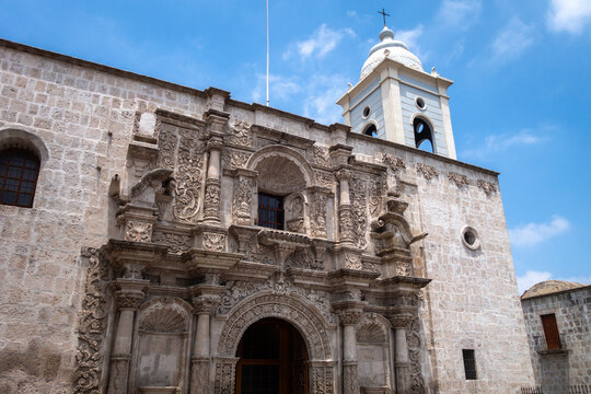 Church of San Agustin in Arequipa, Peru with Detailed Facade