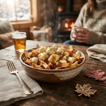 Hearty poutine, a beloved comfort food, featuring crispy golden fries, squeaky cheese curds, and rich, hot gravy, served on a rustic table in a warm cabin ambiance with a glowing fireplace