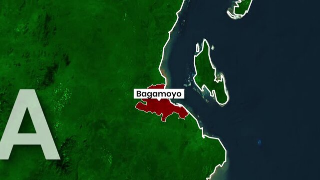 Animated map showing location of Bagamoyo on Tanzania coastline footage