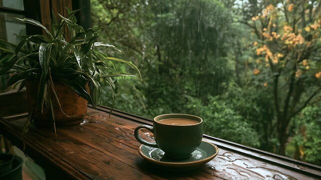 Cozy window sill with a cup of coffee and plant during rain
