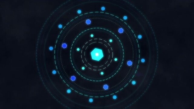 Loop abstract 3d animation torus mesh rings hexagonal polygons glowing blue fog dark background