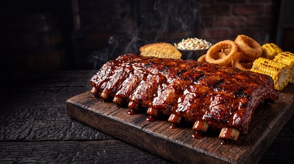 Gourmet Bbq Ribs Meal with Corn and Onion Rings © Cahyo