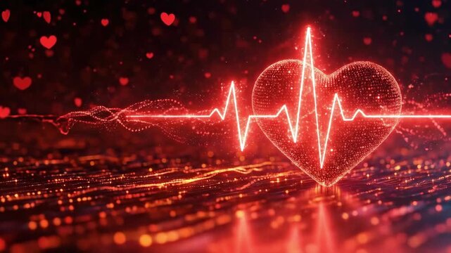Glowing digital heart with sparkling red lights on a dark background. The 14th of February. Happy Valentine's Day