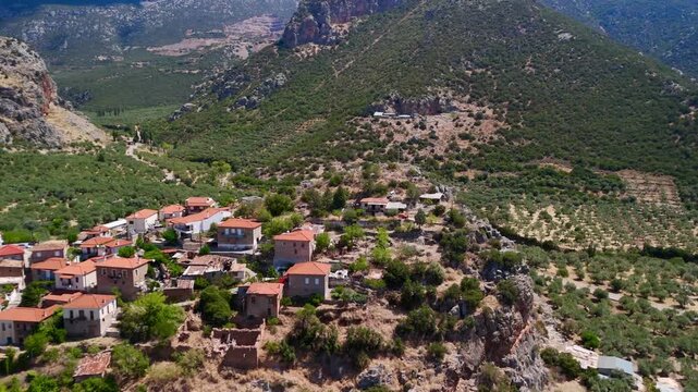 Aerial view of the traditional greek village of amfissa built on a rocky mountain slope