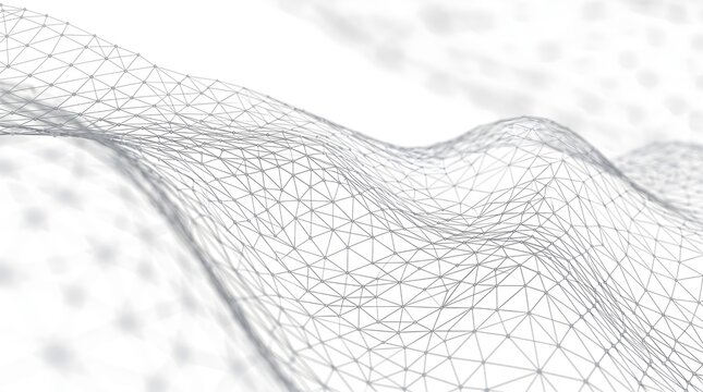 Abstract grey wireframe mesh network wave on white background