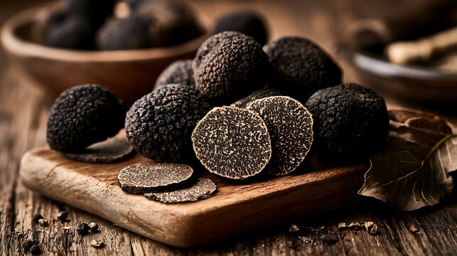 Whole and sliced black truffles on wood