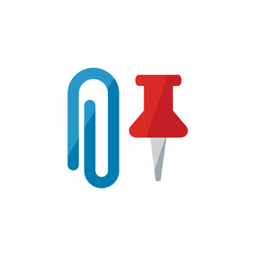 Flat vector illustration of a blue paper clip beside a red push pin. Suitable for office supplies graphics, stationery branding, document organization icons, workplace designs.