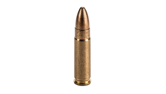 Single rifle bullet ammunition brass metal casing isolated on transparent background for hunting sport shooting equipment.