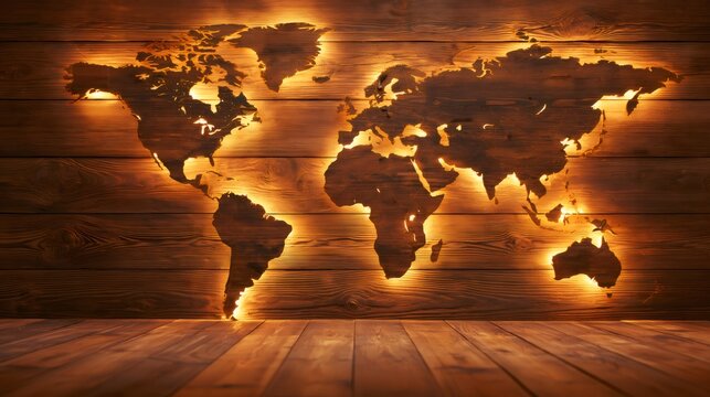 Wooden world map glowing on rustic wall