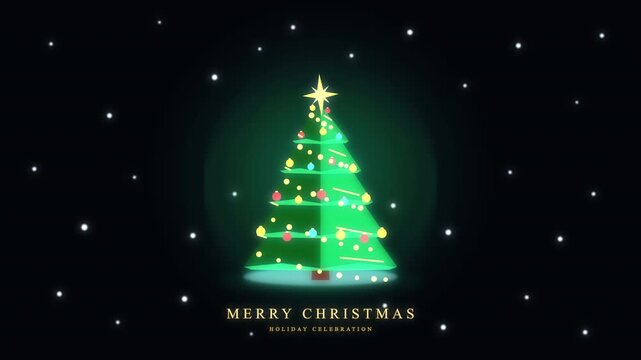 Pixelated Christmas tree animation with twinkling lights and "Merry Christmas" text overlay, festive winter holiday loop