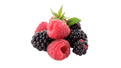 Fresh summer mix of red raspberries and blackberries isolated on transparent background for organic berry harvest designs. © Raya Richards