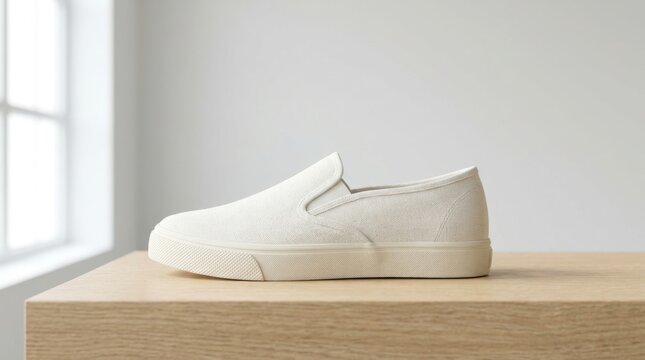 Minimalist White Slip On Shoe on a Wooden Surface.
