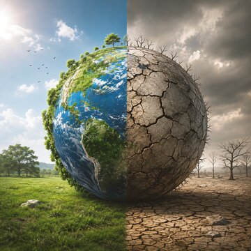 Earth globe split into two sides showing lush green nature and arid cracked drought environment

