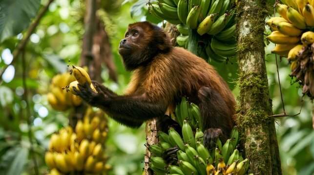 Capuchin monkey eating banana in tropical rainforest