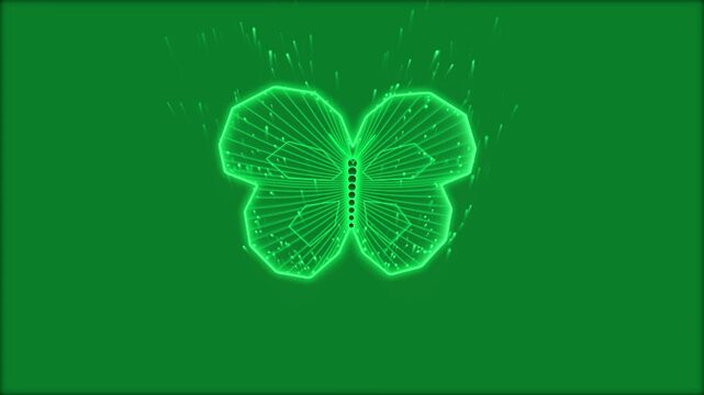 Neon green digital butterfly silhouette with glowing particle trails